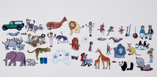 Load image into Gallery viewer, 37 soft, sticking, inclusive felt pieces includes animals of land and sea...male an female zookeepers...grandparents and grandkid...picknicking family...young couple with a bay...safari jeep and POOP